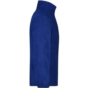 A blue half-zip fleece jacket with a high collar, featuring a logo on the front.