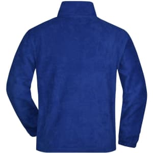 A blue half-zip fleece jacket with a collared neck and a textured finish. It features a logo on the back.