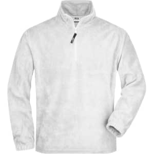 A white half-zip fleece jacket with long sleeves and a collar, featuring a logo on the chest area.