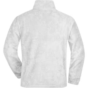 A white half-zip fleece jacket with a standing collar and a soft texture, featuring a logo on the back.