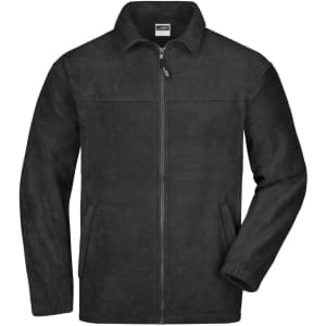 A black full-zip fleece jacket with long sleeves and a zippered front, featuring a subtle logo.