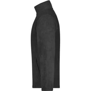 A black full-zip fleece jacket with a high collar and long sleeves, featuring a subtle logo.
