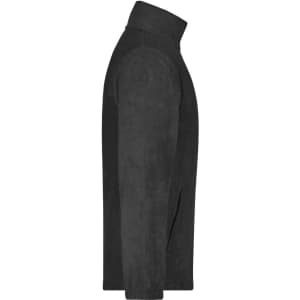 A black full-zip fleece jacket featuring a high collar and a smooth texture, with a logo present.