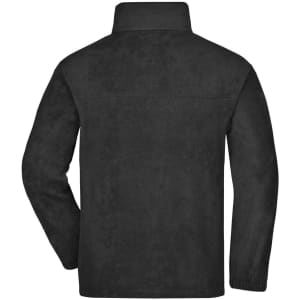 A black full-zip fleece jacket with a collar and no visible branding, viewed from the back.