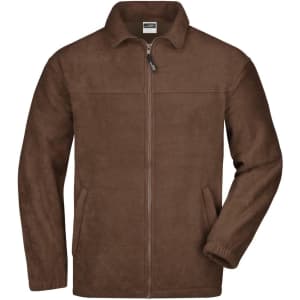A brown full-zip fleece jacket featuring a collar and two side pockets, with a logo on the upper left side.