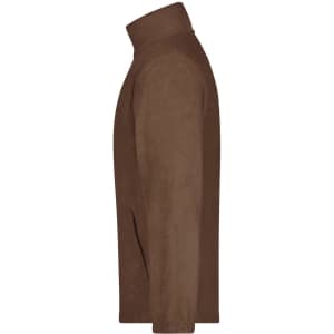 A brown full-zip polar fleece jacket with a collar and side pockets, featuring a logo.
