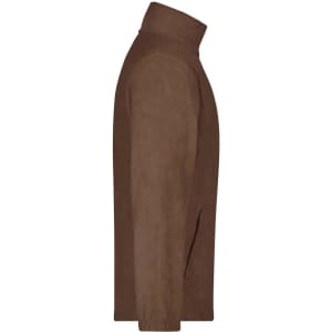 A brown full-zip fleece jacket with a high collar and side pockets, featuring a logo.
