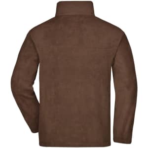 A brown full-zip fleece jacket showcasing a simple design and a collar, featuring a logo on the back.