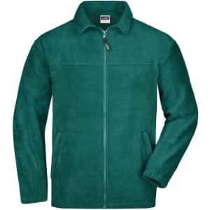 A full-zip fleece jacket in teal green with front pockets and a branding logo.