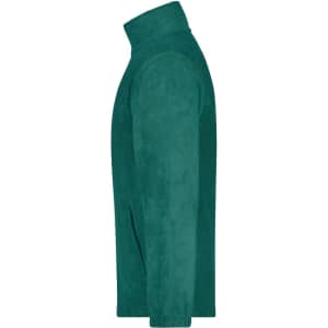 A full-zip fleece jacket in deep green, featuring a high collar and a smooth, soft texture. It has a logo.