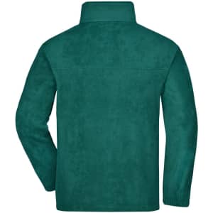 A polar fleece jacket in teal, featuring a high collar and a back view, with a logo present.