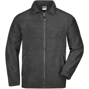 A full-zip polar fleece jacket in dark grey with a front zipper and side pockets, featuring a logo.