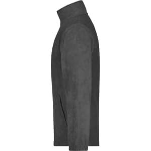 A side view of a black full-zip fleece jacket featuring a collar and smooth fabric. It has a logo on one side.