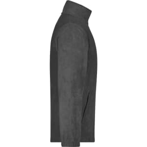 A full-zip fleece jacket in dark grey, featuring a high collar and a sleek side profile. It has a branding logo.