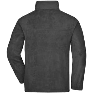 A full-zip fleece jacket in dark grey with a collar and one logo on the back.