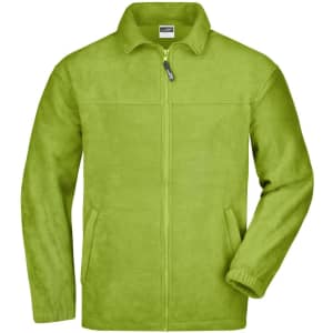 A bright green full-zip fleece jacket with long sleeves and a zippered front. It features a logo on the chest.