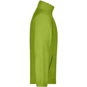 A side view of a bright green full-zip fleece jacket with a collar and side pockets.