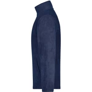 A navy blue full-zip fleece jacket with a high collar and long sleeves. It features a logo on the side.