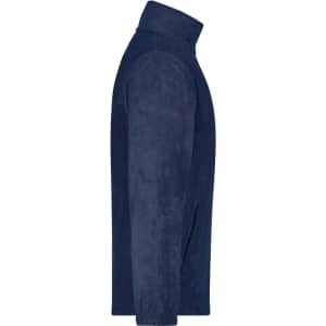 A navy blue full-zip fleece jacket with a high collar, featuring a logo on the side.
