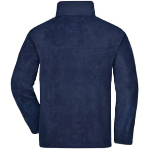A navy full-zip fleece jacket featuring a collar and a streamlined design, with a logo on it.