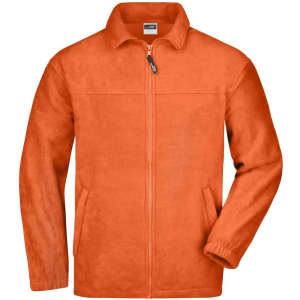 An orange polar fleece jacket with a full zip and two front pockets, featuring a branding logo.