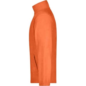An orange full-zip fleece jacket with a side profile view, featuring a collar and pockets.
