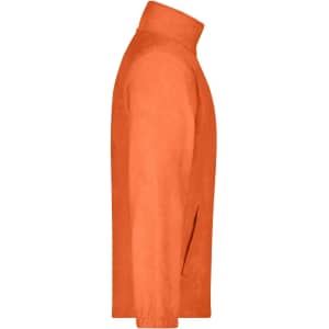 An orange full-zip polar fleece jacket with a high collar and side pockets, featuring a logo.