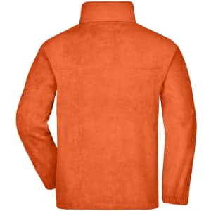 A full-zip fleece jacket in bright orange, featuring a high collar and a plain back design.