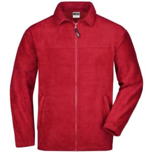 A red full-zip fleece jacket with a collar, featuring side pockets and a branding logo.