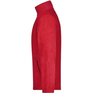 A red full-zip fleece jacket with a high collar and side pockets, featuring a logo.