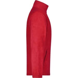 A red full-zip fleece jacket displayed from the side, featuring a high collar and a smooth texture.