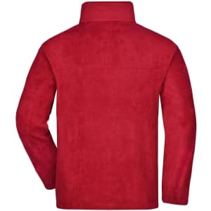 A red full-zip fleece jacket with a high collar and long sleeves, featuring a plain back design.