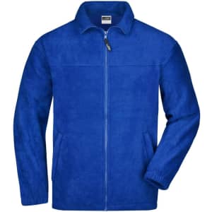 A blue Full-Zip Fleece jacket with a zip front, two side pockets, and a collar, featuring a logo.