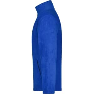 A side view of a bright blue full-zip fleece jacket with a high collar and a logo on it.