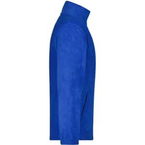 A blue full-zip fleece jacket with a high collar and side pockets, featuring a logo.