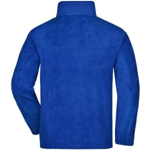 A blue full-zip fleece jacket with a collar and a logo on the back.
