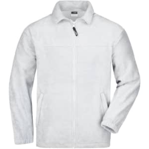 A white full-zip fleece jacket featuring two front pockets and a zippered collar. It has a logo on the chest.