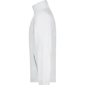 A white full-zip fleece jacket displayed from the side, featuring a high collar and a logo on the sleeve.