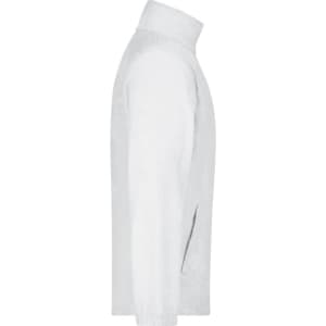A grey full-zip polar fleece jacket with a side view, featuring a high collar and pockets. It has a logo on it.