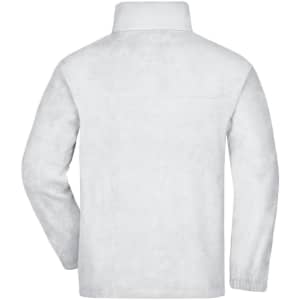 A white full-zip fleece jacket with a high collar and long sleeves, featuring a simple design and no visible branding.