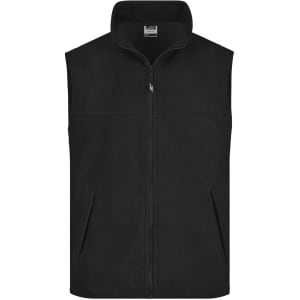 A black fleece vest with a zip front and pockets, featuring a simple design and a logo.