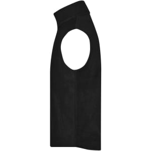 A black fleece vest with sleeveless design and a logo. Suitable for casual wear or layering.