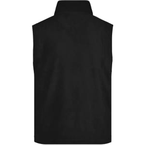 A black fleece vest with a high collar, featuring a logo on the back.