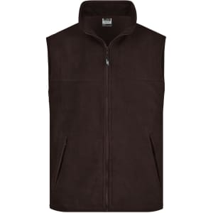 A brown fleece vest featuring a full zip and side pockets, with a high collar and a logo.