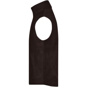 A dark brown fleece vest with open sides and a zipped pocket, featuring a logo on the design.