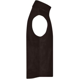 A dark brown fleece vest with no sleeves and a high collar. It features side pockets and has a branded logo.