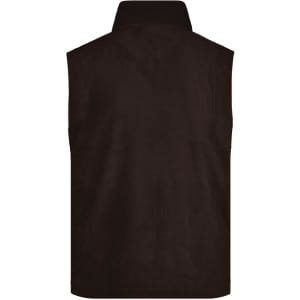 A dark brown fleece vest with a high collar, featuring a logo on the back.