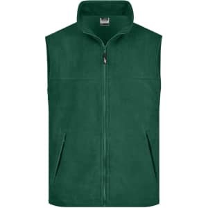 A green fleece vest with a zip front and two side pockets, featuring a small branding logo.