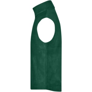 A green fleece vest featuring a high collar and armholes, with a side pocket and a logo.