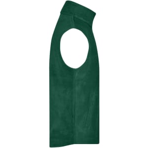A green fleece vest with a high collar and an armhole design. It includes a side pocket and features a logo.